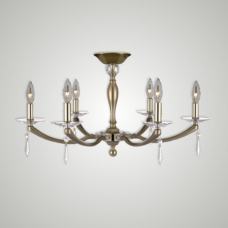 American Brass & Crystal FM5335-U-36G-32G-ST Six Light Semi-Flush Mount, Old Brass with Polished Brass