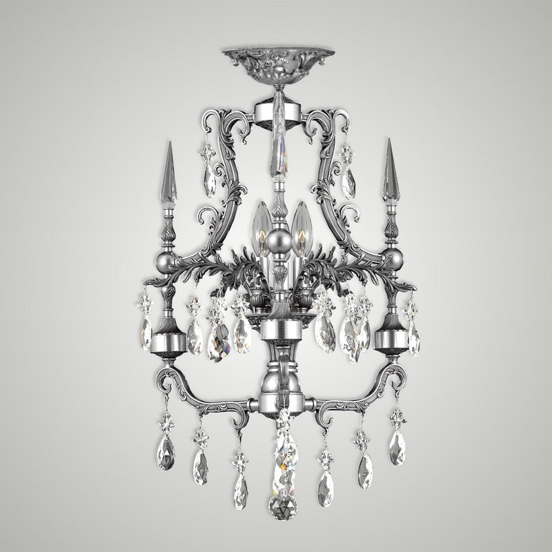 American Brass & Crystal FM7610-O-10G-ST Three Light Semi-Flush Mount, Antique Silver