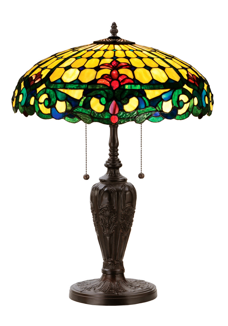 Meyda Tiffany 31156 Two Light Table Lamp, Beige Burgundy Blue/Green Green
