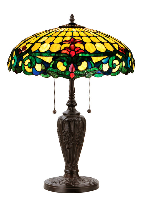 Meyda Tiffany 31156 Two Light Table Lamp, Beige Burgundy Blue/Green Green