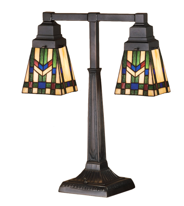 Meyda Tiffany 26419 Two Light Table Lamp, Beige Burgundy Lt Blue Green