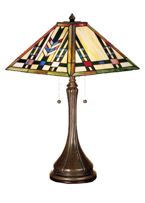 Meyda Tiffany 31249 Two Light Table Lamp, Beige Burgundy Lt Blue Green