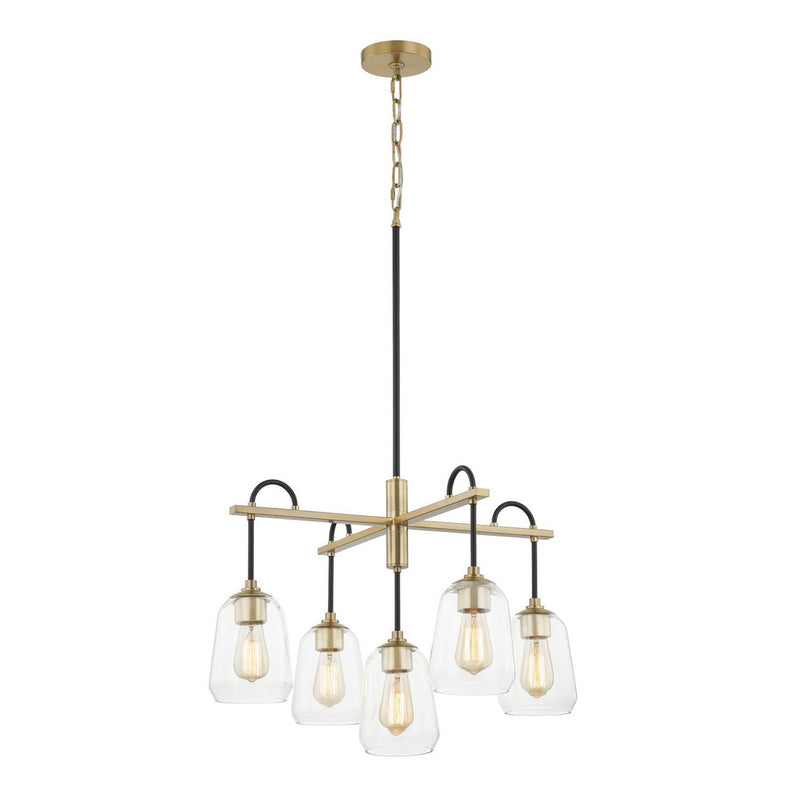 Justice Designs FSN-8105-CLER-MBBR Five Light Chandelier, Matte Black w/ Brass