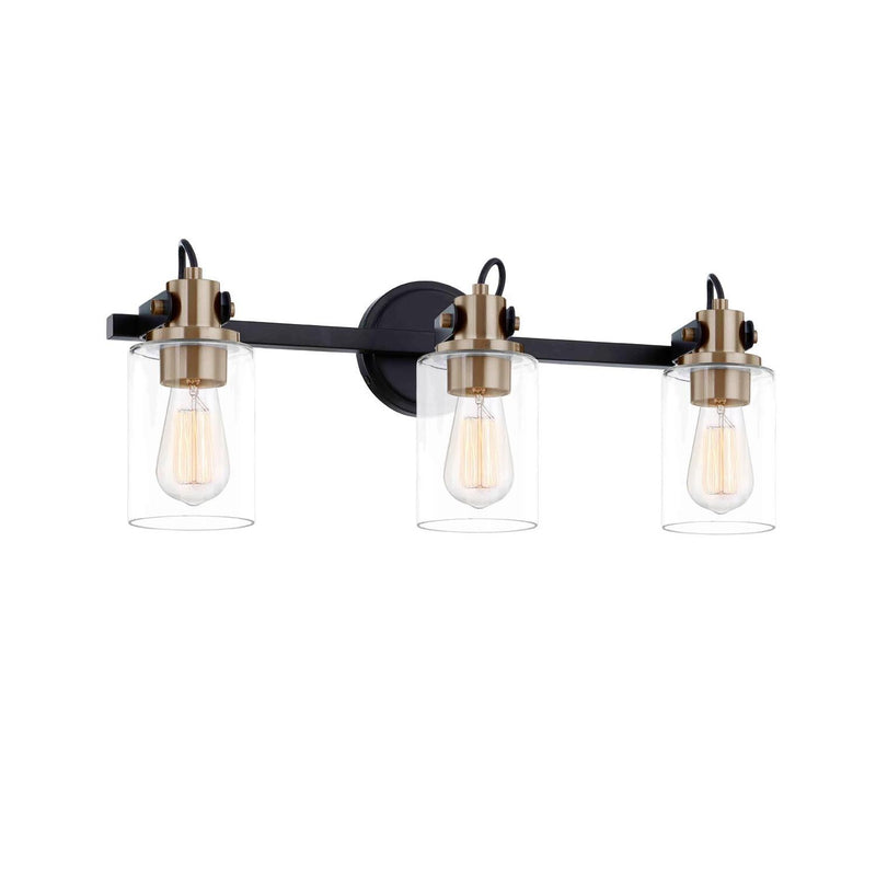 Justice Designs FSN-8193-CLER-MBBR Three Light Bath Bar, Matte Black w/ Brass
