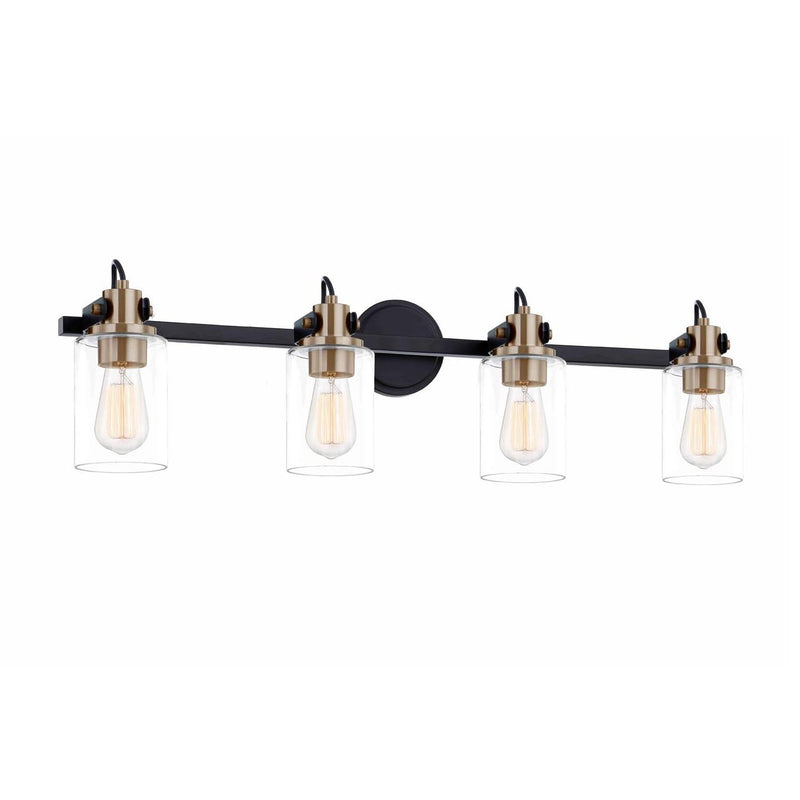 Justice Designs FSN-8194-CLER-MBBR Four Light Bath Bar, Matte Black w/ Brass