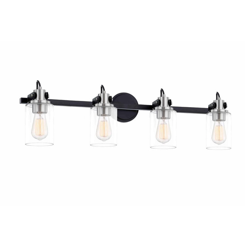 Justice Designs FSN-8194-CLER-MBNK Four Light Bath Bar, Matte Black w/ Brushed Nickel