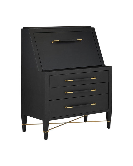 Currey and Company 3000-0268 Secretary Desk, Lacquered Black Linen/Champagne/Black