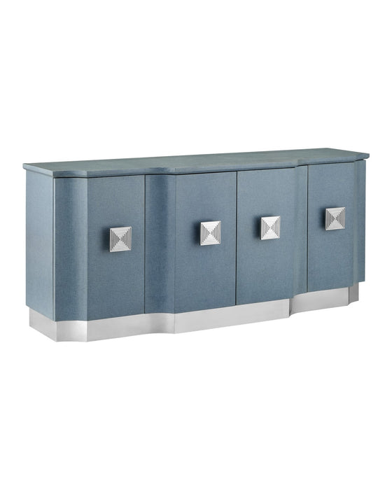Currey and Company 3000-0281 Credenza, Lacquered Blue Linen/Washed Mahogany/Polished Stainless Steel