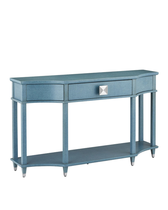 Currey and Company 3000-0283 Console Table, Lacquered Blue Linen/Washed Mahogany/Polished Stainless Steel