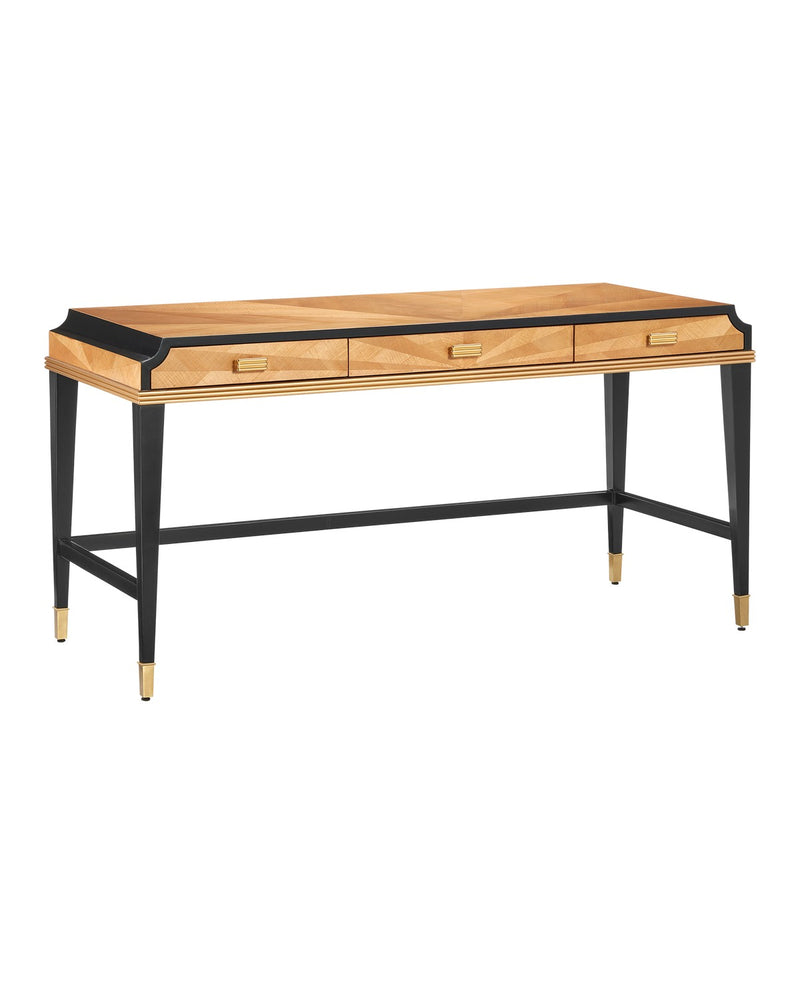 Currey and Company 3000-0289 Desk, Taupe/Caviar Black/Polished Brass/Blue