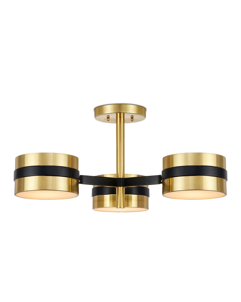Currey and Company 9000-1171 Three Light Semi-Flush Mount, Polished Brass/Black/White