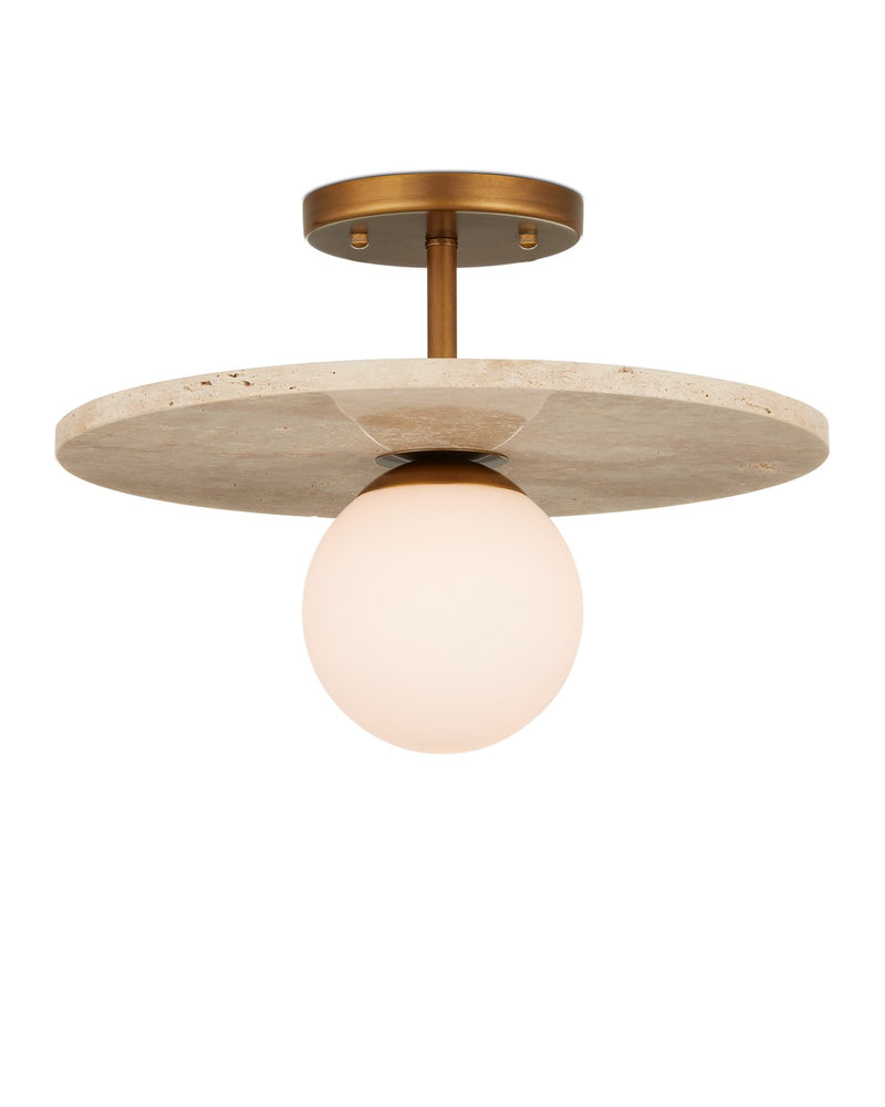 Currey and Company 9000-1195 One Light Semi-Flush Mount, Beige/Antique Brass/Frosted White
