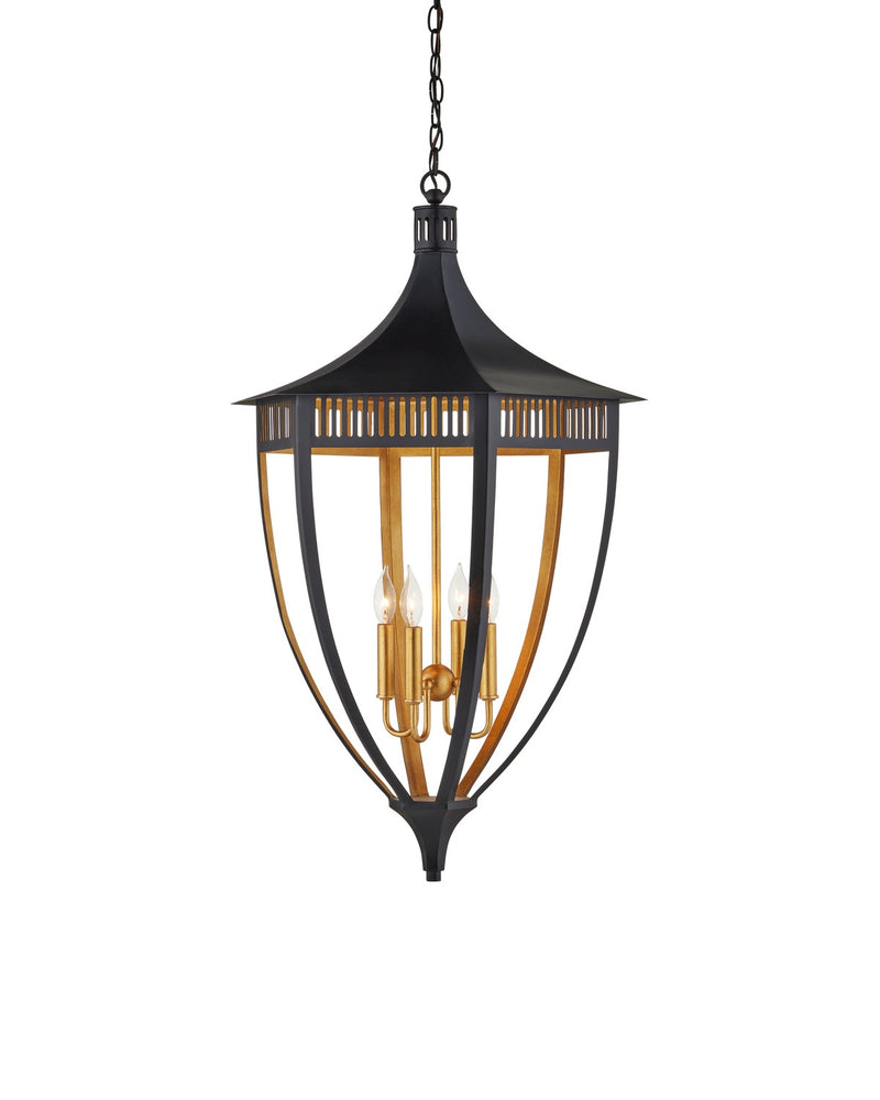 Currey and Company 9000-1217 Four Light Lantern, Satin Black/Contemporary Gold Leaf