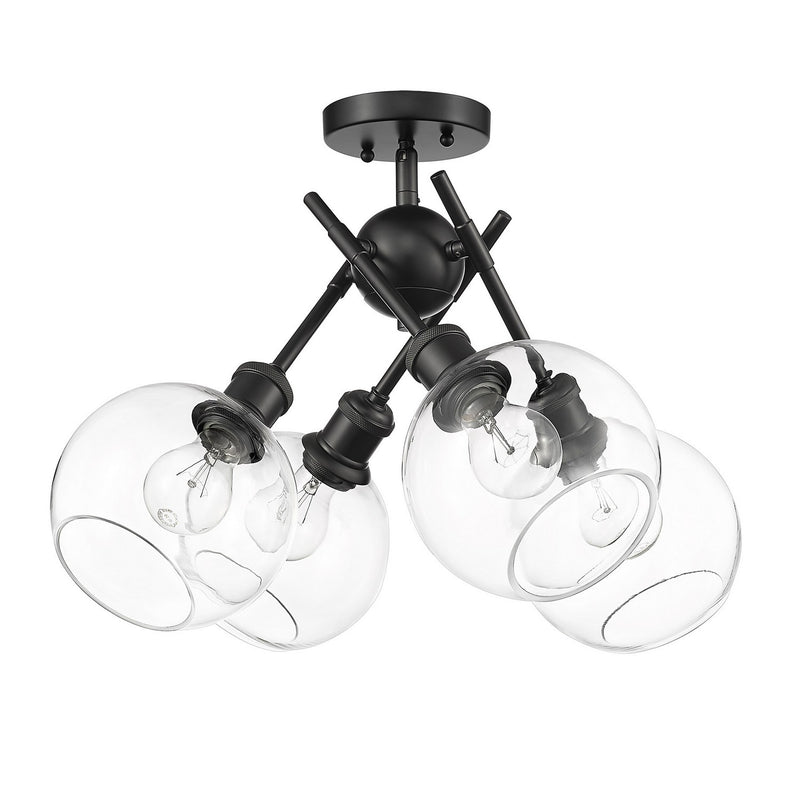 Golden 1945-SF BLK-GLOBE-CLR Four Light Semi-Flush Mount, Matte Black