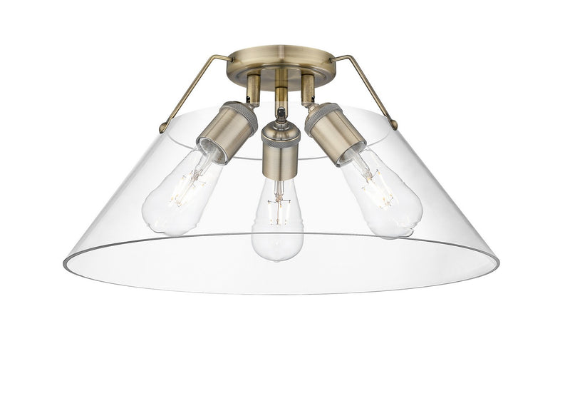 Golden 3306-3FM AB-CLR Three Light Flush Mount, Aged Brass