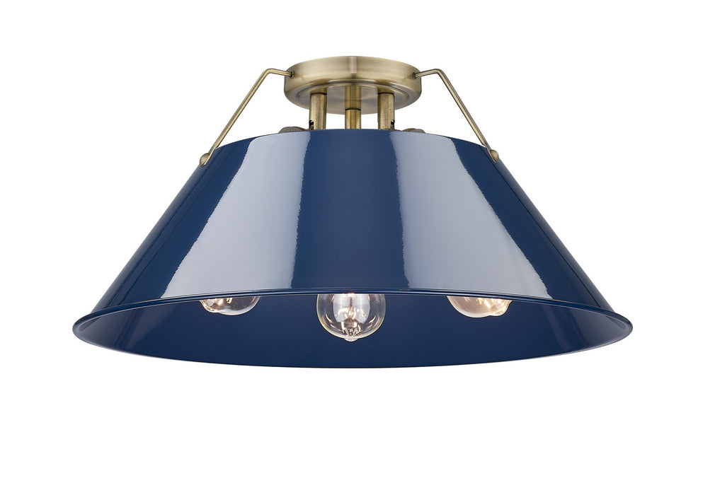 Golden 3306-3FM AB-NVY Three Light Flush Mount, Aged Brass