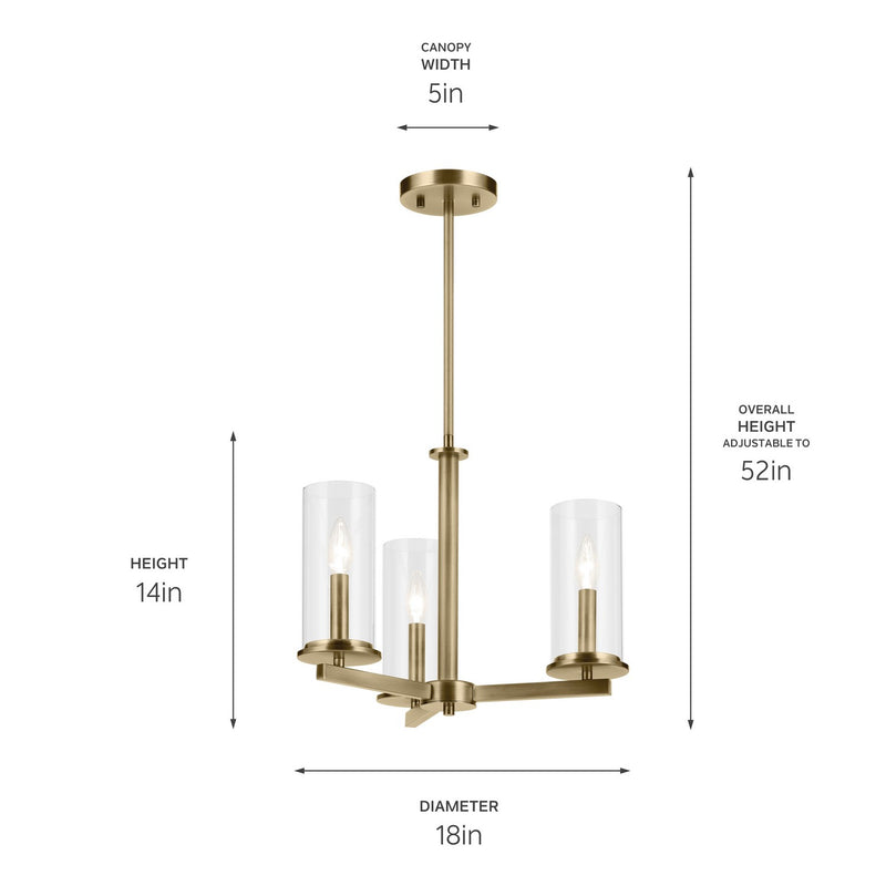 Kichler 43997NBR Three Light Chandelier, Natural Brass