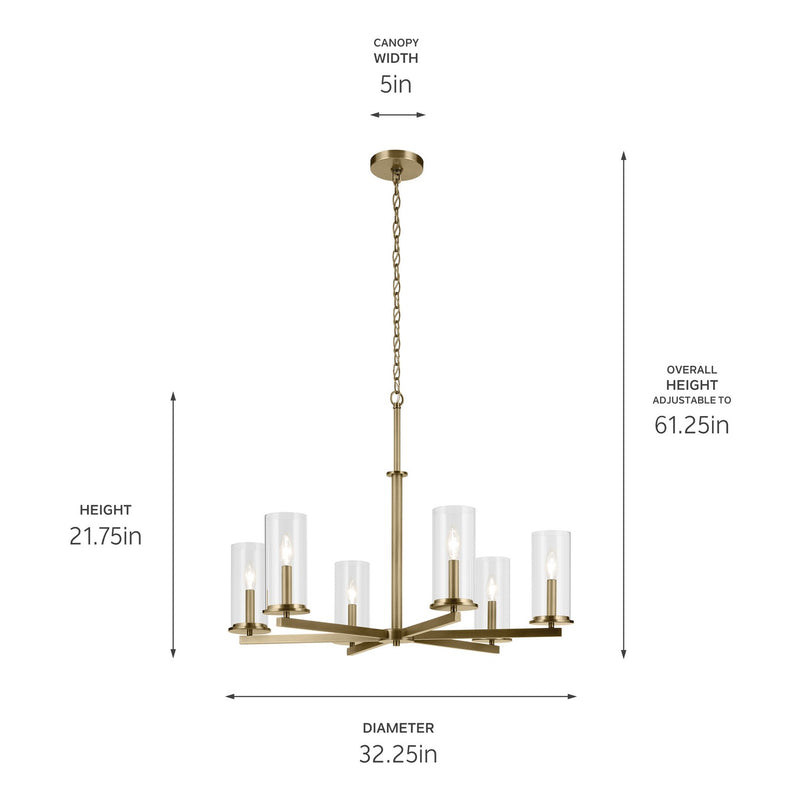 Kichler 44013NBR Six Light Chandelier, Natural Brass