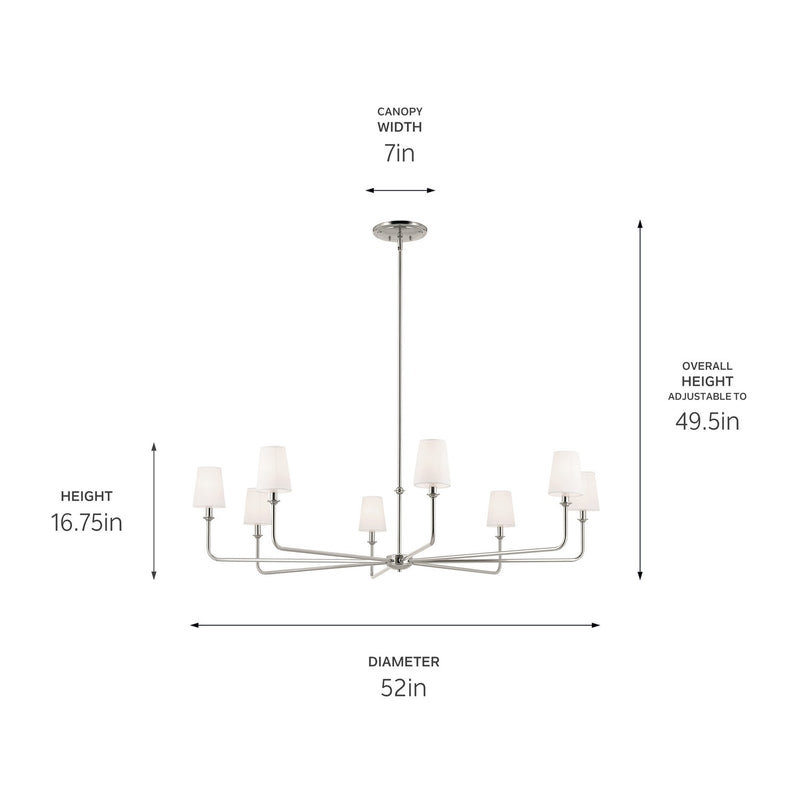 Kichler 52521PN Eight Light Chandelier, Polished Nickel