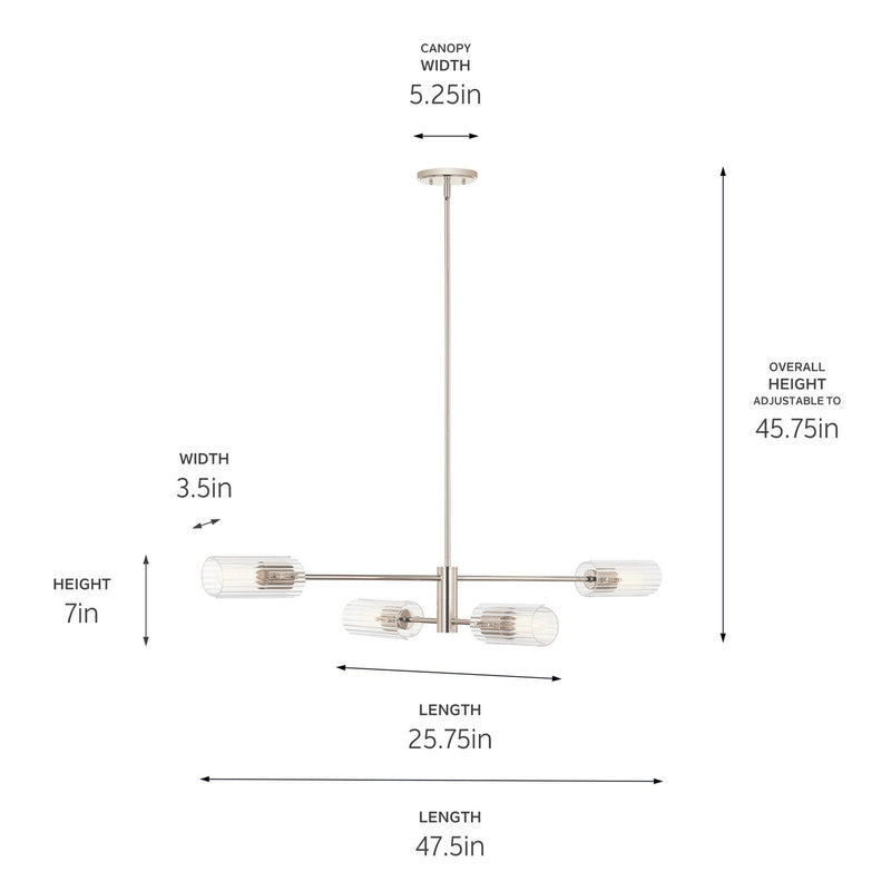 Kichler 52681PN Four Light Linear Chandelier, Polished Nickel