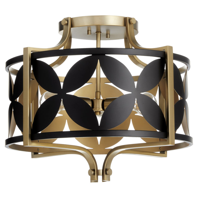 Quorum 283-18-5980 Three Light Semi Flush Mount, Matte Black w/Aged Brass