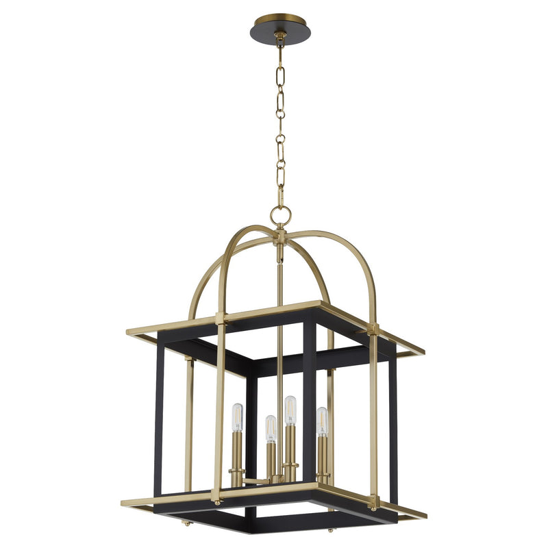 Quorum 8216-4-5980 Four Light Pendant, Matte Black w/Aged Brass