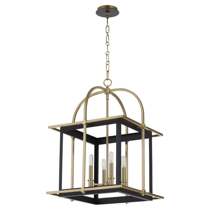 Quorum 8216-4-5980 Four Light Pendant, Matte Black w/Aged Brass