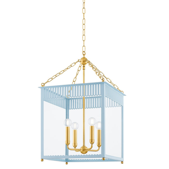 Mitzi H932704L-AGB/SAO Four Light Lantern, Aged Brass/Soft Arctic Blue