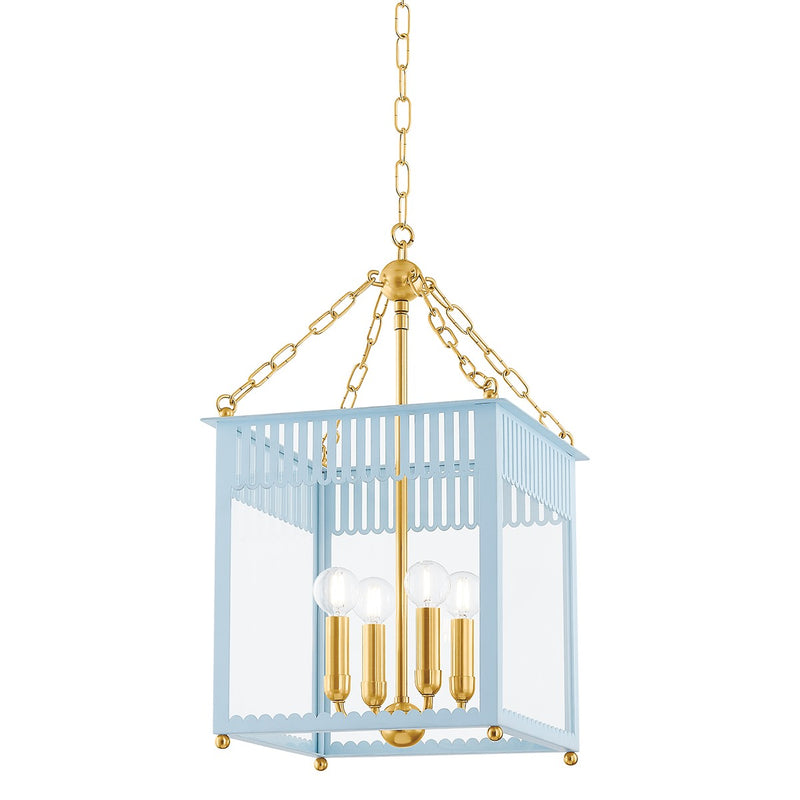 Mitzi H932704S-AGB/SAO Four Light Lantern, Aged Brass/Soft Arctic Blue