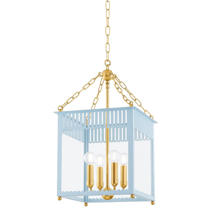 Mitzi H932704S-AGB/SAO Four Light Lantern, Aged Brass/Soft Arctic Blue