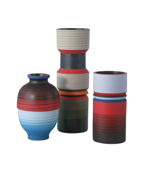 Currey and Company 1200-0929 Vase Set of 3, Black / Blue / Red / Pale Gray / Orange