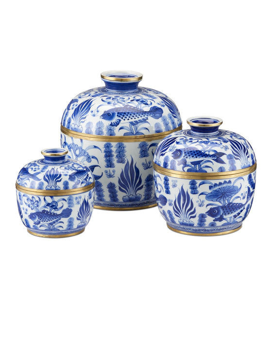 Currey and Company 1200-0969 Rice Tureen Set of 3, White / Blue / Brass