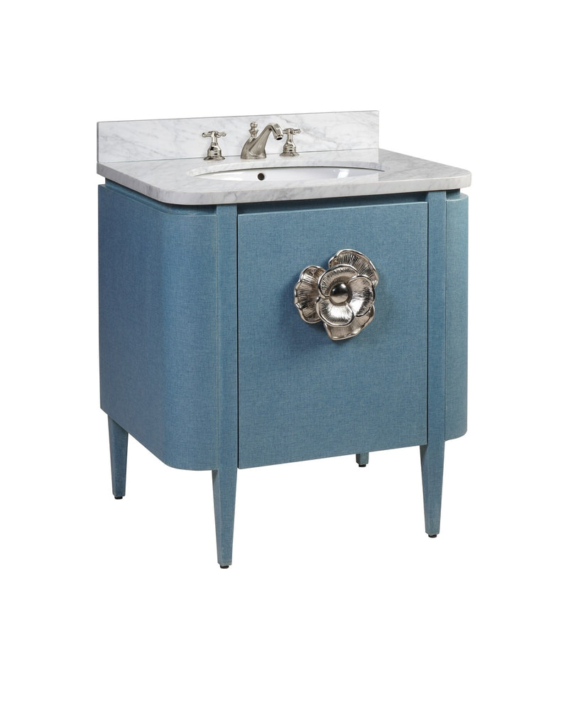 Currey and Company 3800-0005 Vanity with Sink, Lacquered Blue Linen / Natural / White / Polished Nickel