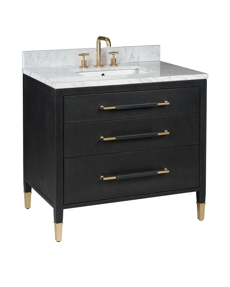Currey and Company 3800-0006 Vanity with Sink, Black Lacquered Linen / Natural / White / Champagne
