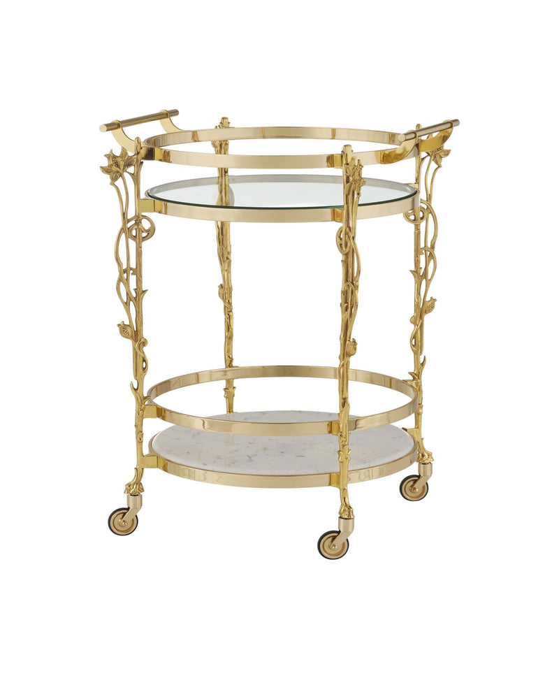 Currey and Company 4000-0206 Bar Cart, Polished Brass / Clear / Natural
