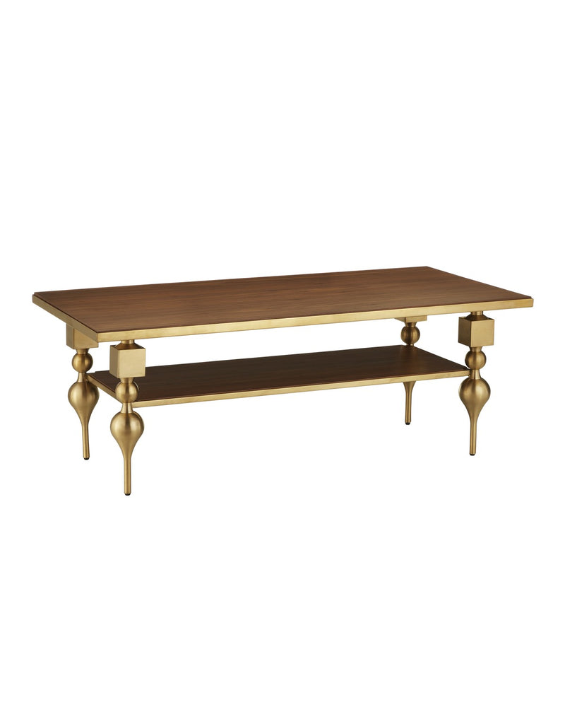 Currey and Company 4000-0214 Cocktail Table, Brushed Brass / Walnut