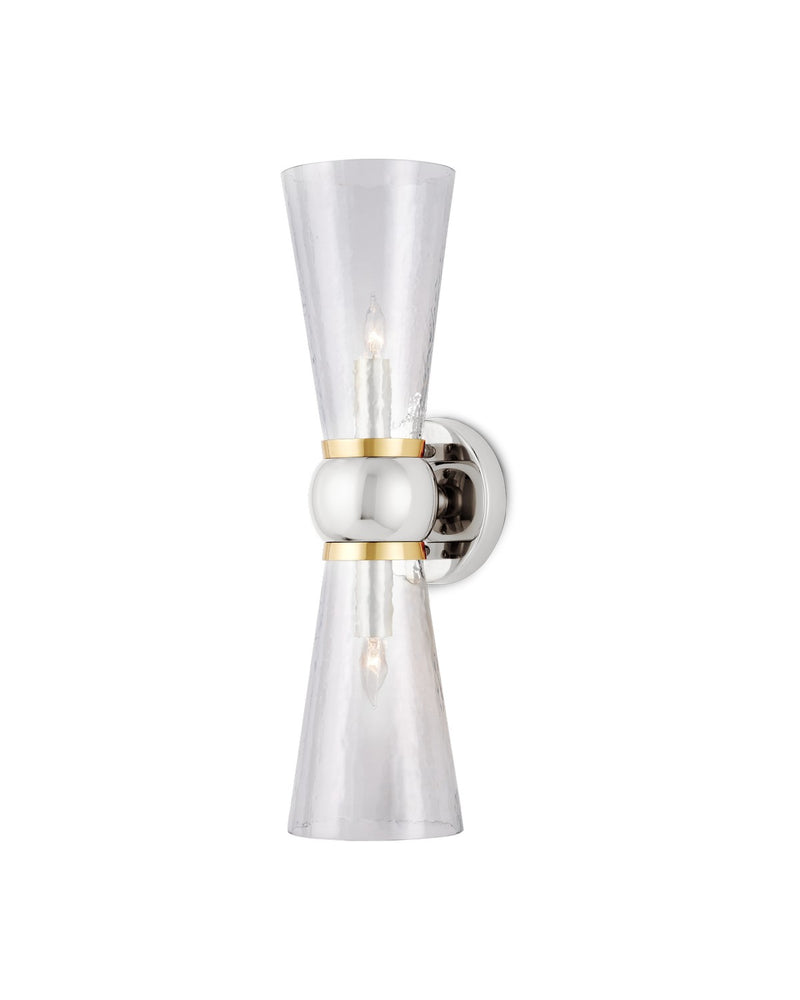 Currey and Company 5800-0059 Two Light Bath Wall Sconce, Polished Nickel / Clear / Polished Brass