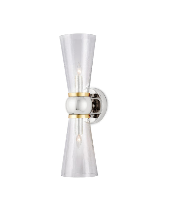 Currey and Company 5800-0059 Two Light Bath Wall Sconce, Polished Nickel / Clear / Polished Brass