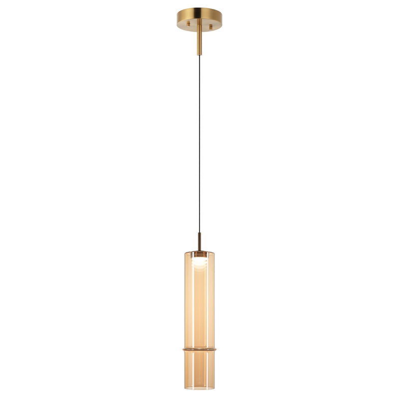 Matteo Lighting C30601AGAM One Light Pendant, Aged Gold Brass / Amber Glass