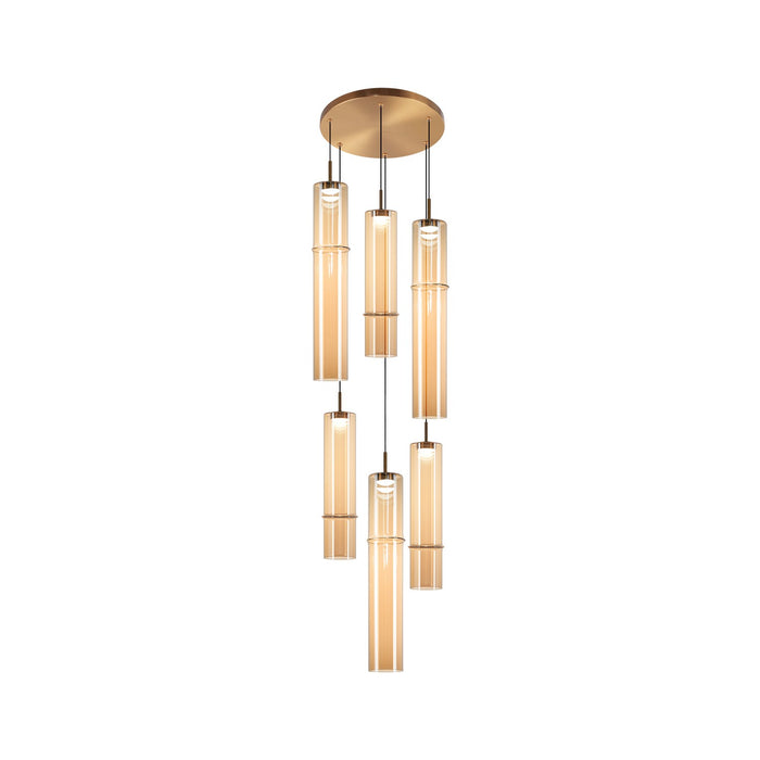 Matteo Lighting C30606AGAM Six Light Chandelier, Aged Gold Brass / Amber Glass