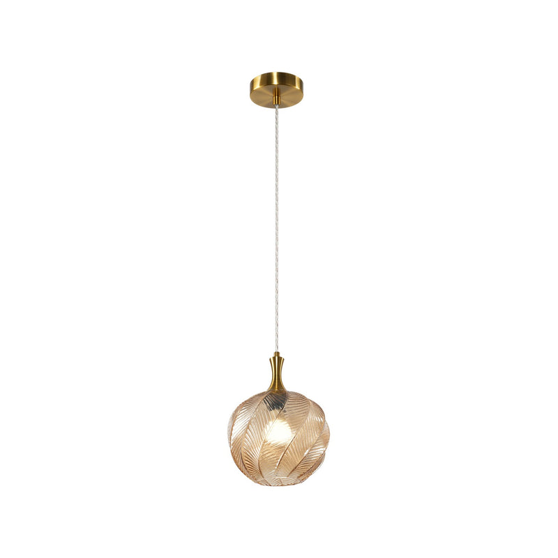 Matteo Lighting C30902AGAM One Light Pendant, Aged Gold Brass / Amber Glass