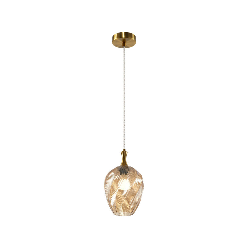 Matteo Lighting C30903AGAM One Light Pendant, Aged Gold Brass / Amber Glass