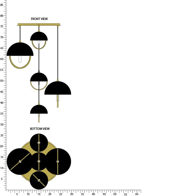 Robert Abbey 589BLK Five Light Pendant, Lacquered Burnished Brass w/Piano Black Painted Metal