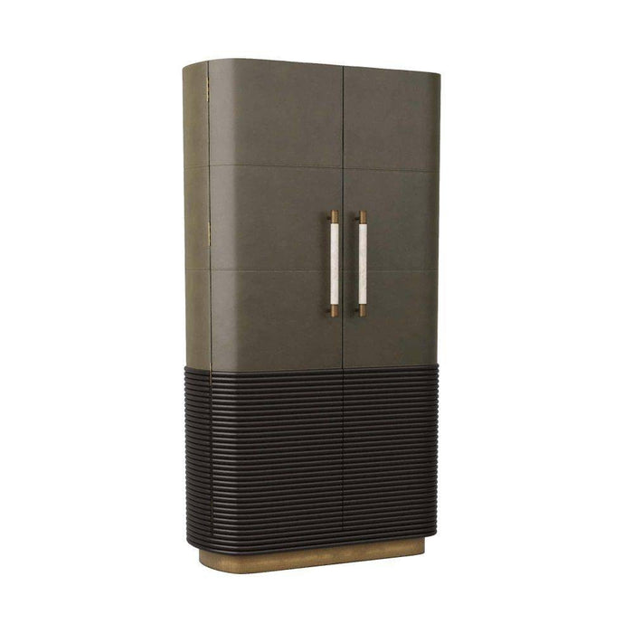 Arteriors 6266 Cabinet, Graphite Leather/Umder Oak/White Marble/Antique Brass