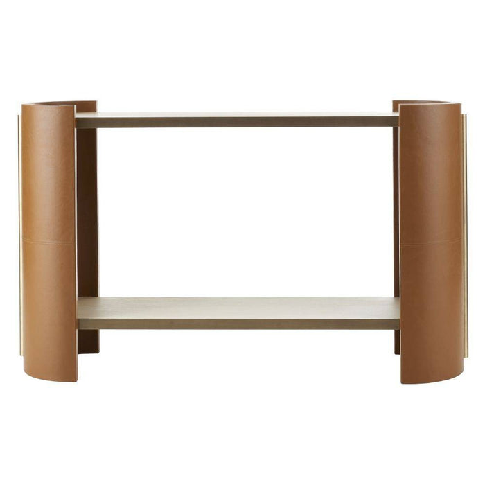 Arteriors FLI04 Console, Smoke Oak/Russet Leather/Antique Brass