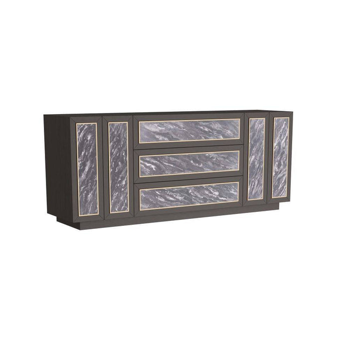Arteriors FZS03 Credenza, Gray Faux Marble/Ebony Oak Veneer/Vintage Brass