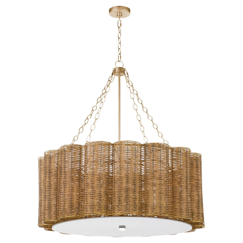 Cyan 11935 Six Light Chandelier, Natural Cane/Antique Brass