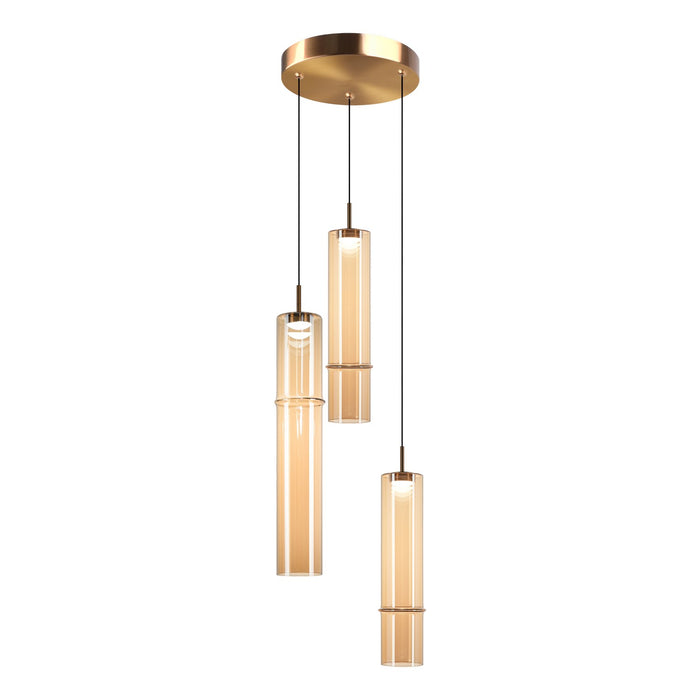 Matteo Lighting C30603AGAM Three Light Pendant, Aged Gold Brass / Amber Glass
