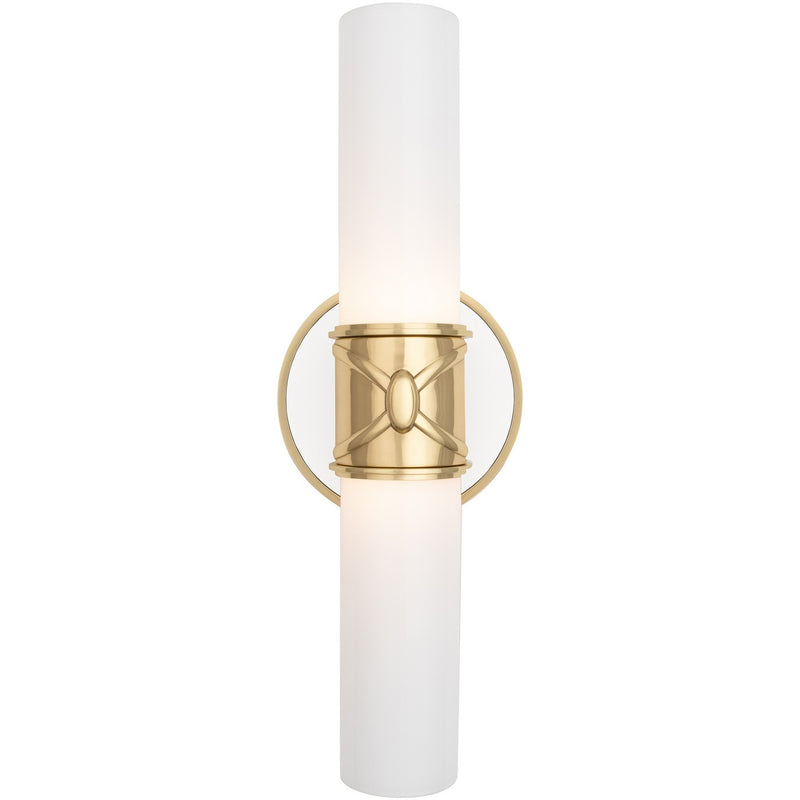 Robert Abbey 1979 Two Light Wall Sconce, Antique Brass w/Polished Cased White Glass