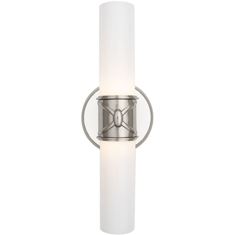 Robert Abbey S1979 Two Light Wall Sconce, Polished Nickel w/Polished Cased White Glass